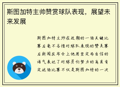 斯图加特主帅赞赏球队表现，展望未来发展