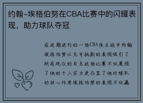 约翰-埃格伯努在CBA比赛中的闪耀表现，助力球队夺冠