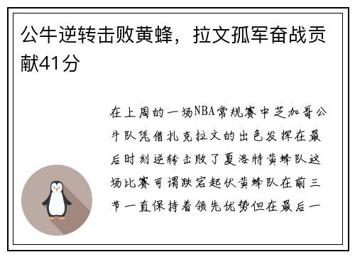 公牛逆转击败黄蜂，拉文孤军奋战贡献41分