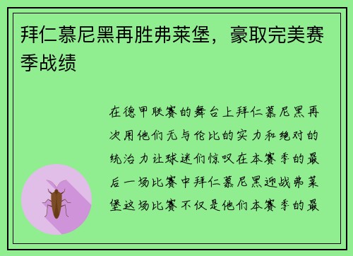 拜仁慕尼黑再胜弗莱堡，豪取完美赛季战绩